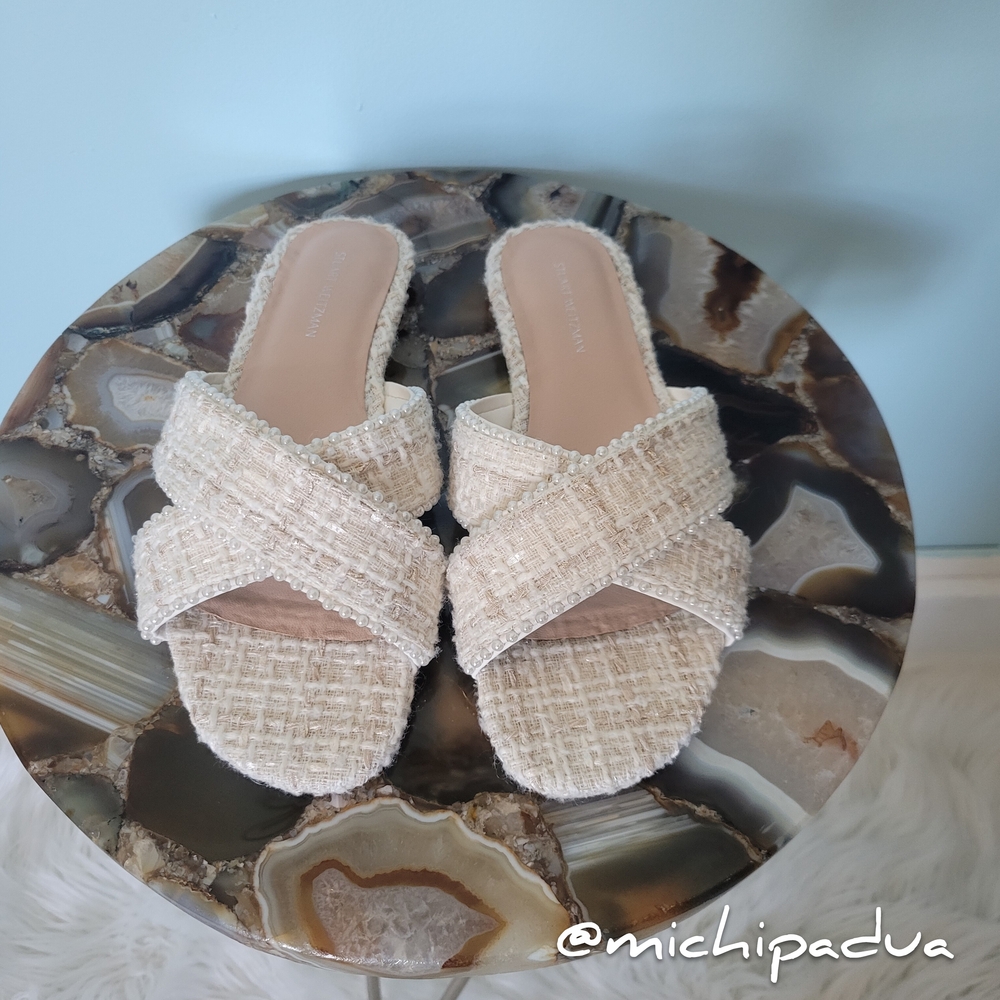 Stuart Weitzman Roza Pearl Slides In Shimmer Boucle/Cream